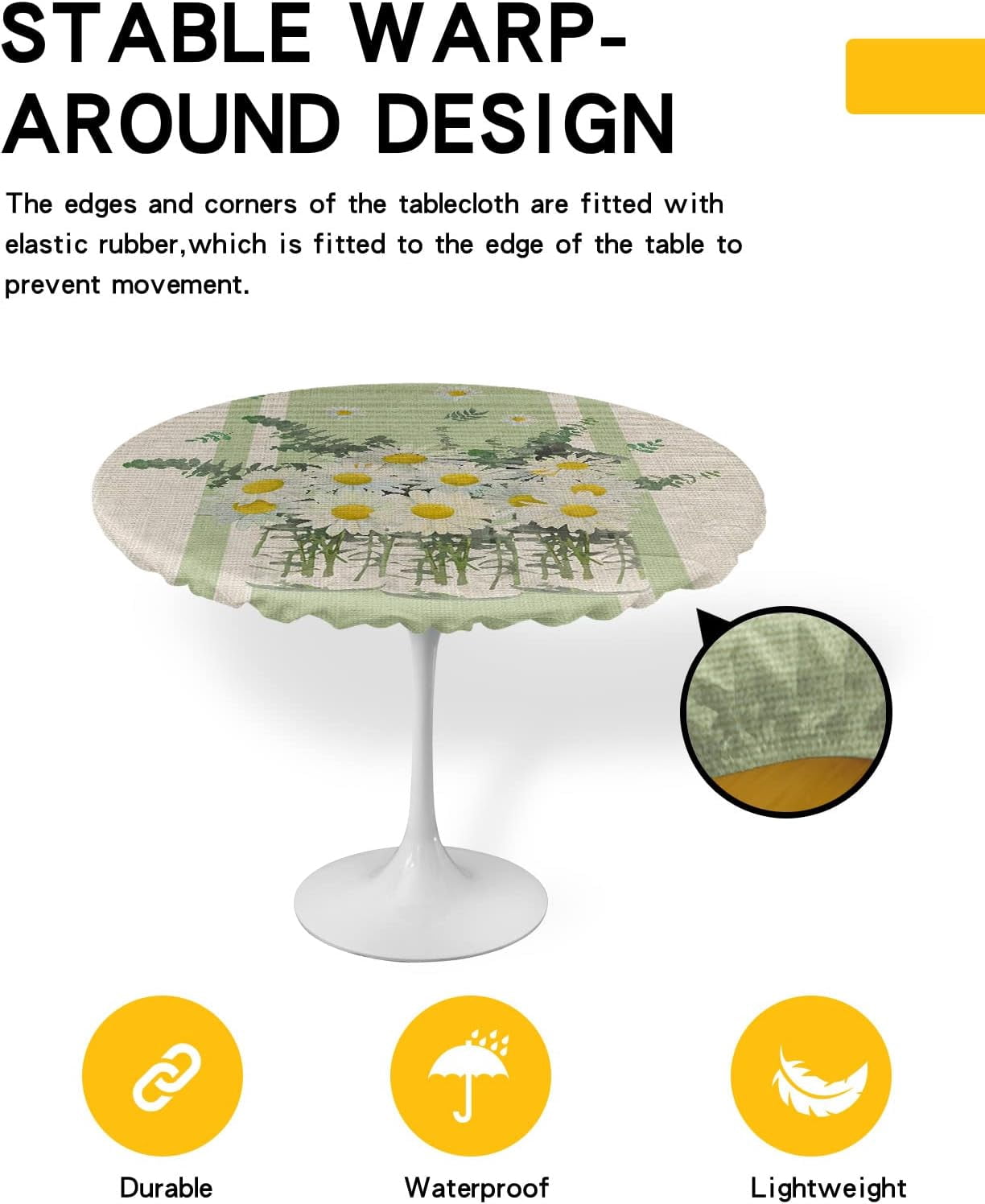 Spring Daisies Flower Watercolor Round Tablecloth Fitted Table Cover,Farmhouse Green White Summer Elastic Tablecloths Waterproof Outdoor Indoor Stretch Cloth Tablecover for Dinner,Party,Shower,45-52IN
