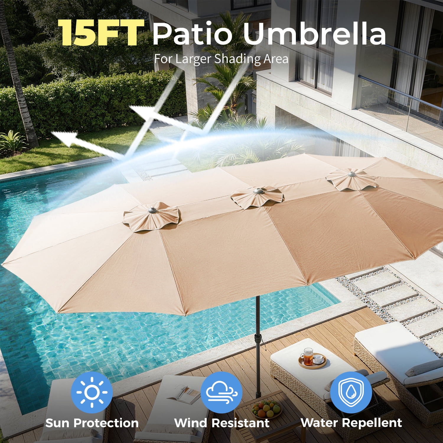 BaPiPro 15FT Off-White Large Double Head Patio Umbrella with Solar LED Lights, Waterproof UV & Tear Resistant Fabric, Windproof Reinforced Steel Frame, Easy Hand Crank for Patio, Pool, Garden & Deck