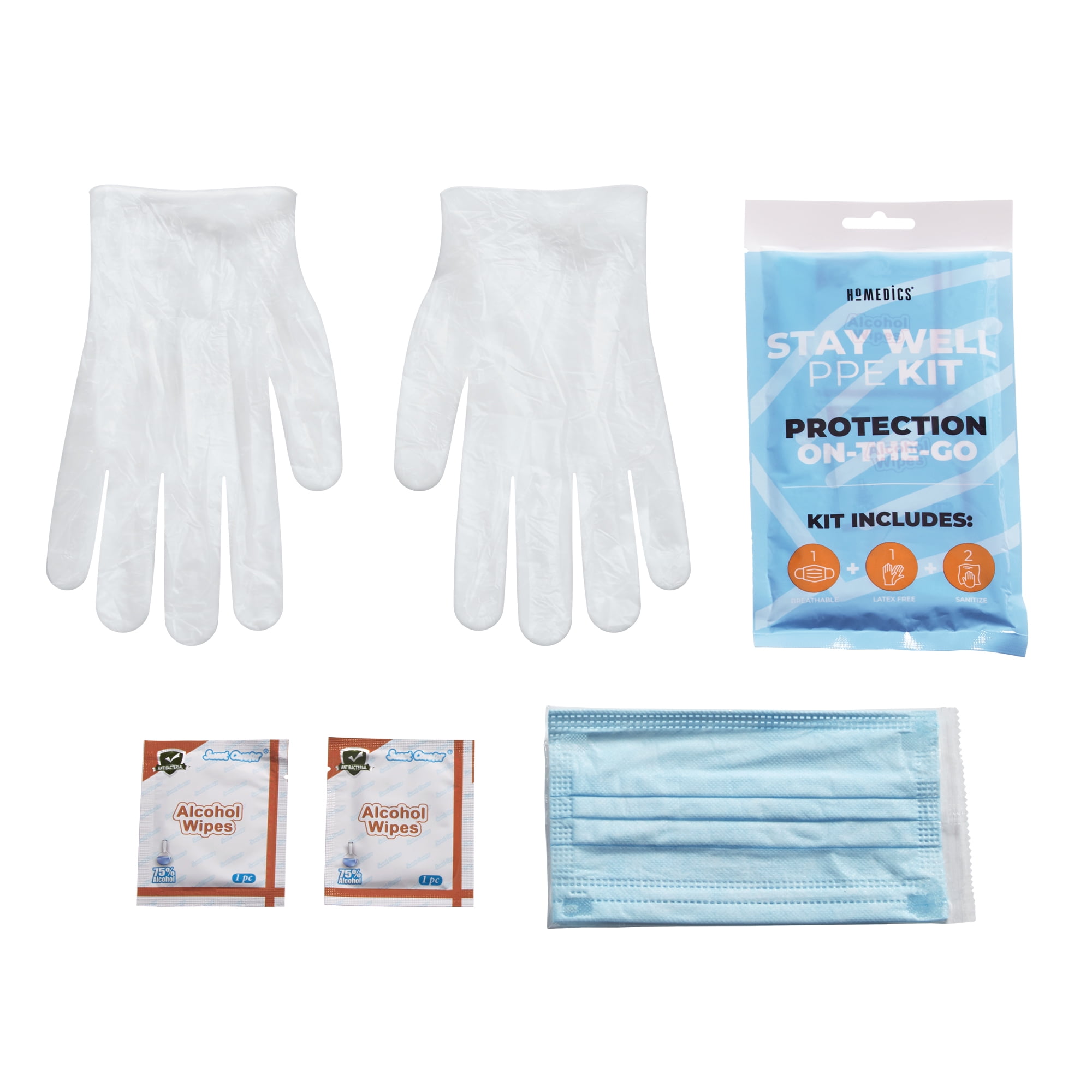 HoMedics Stay Well All-in-One Personal Protection Kits to GO, 30 count With Latex-free Gloves, Hand Cleansing Wipes, Disposable Face Mask
