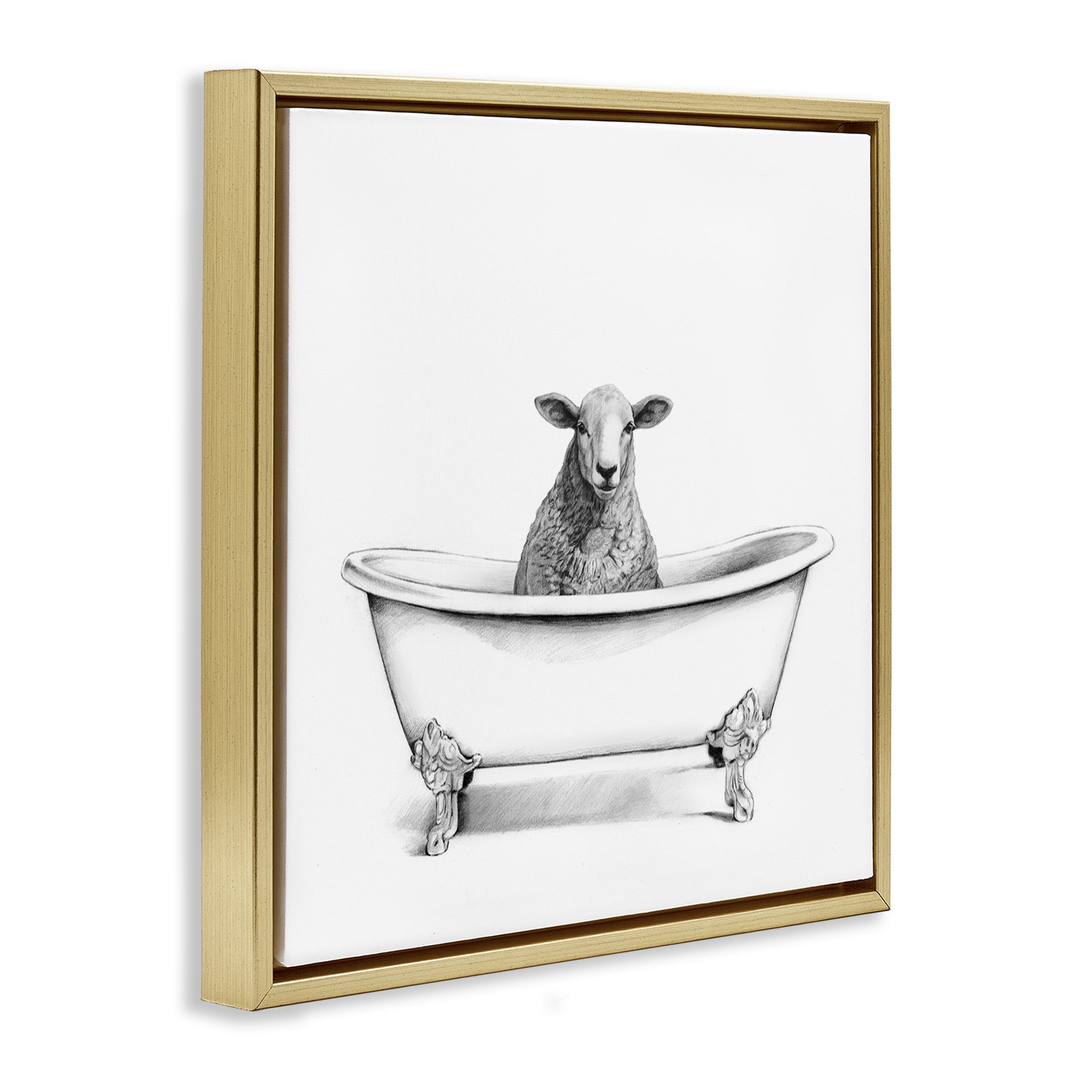 Stupell Industries Sheep in Bathtub Sketch Animals & Insects Drawing Gold Floater Framed Canvas Art Print Wall Art, 18 x 18