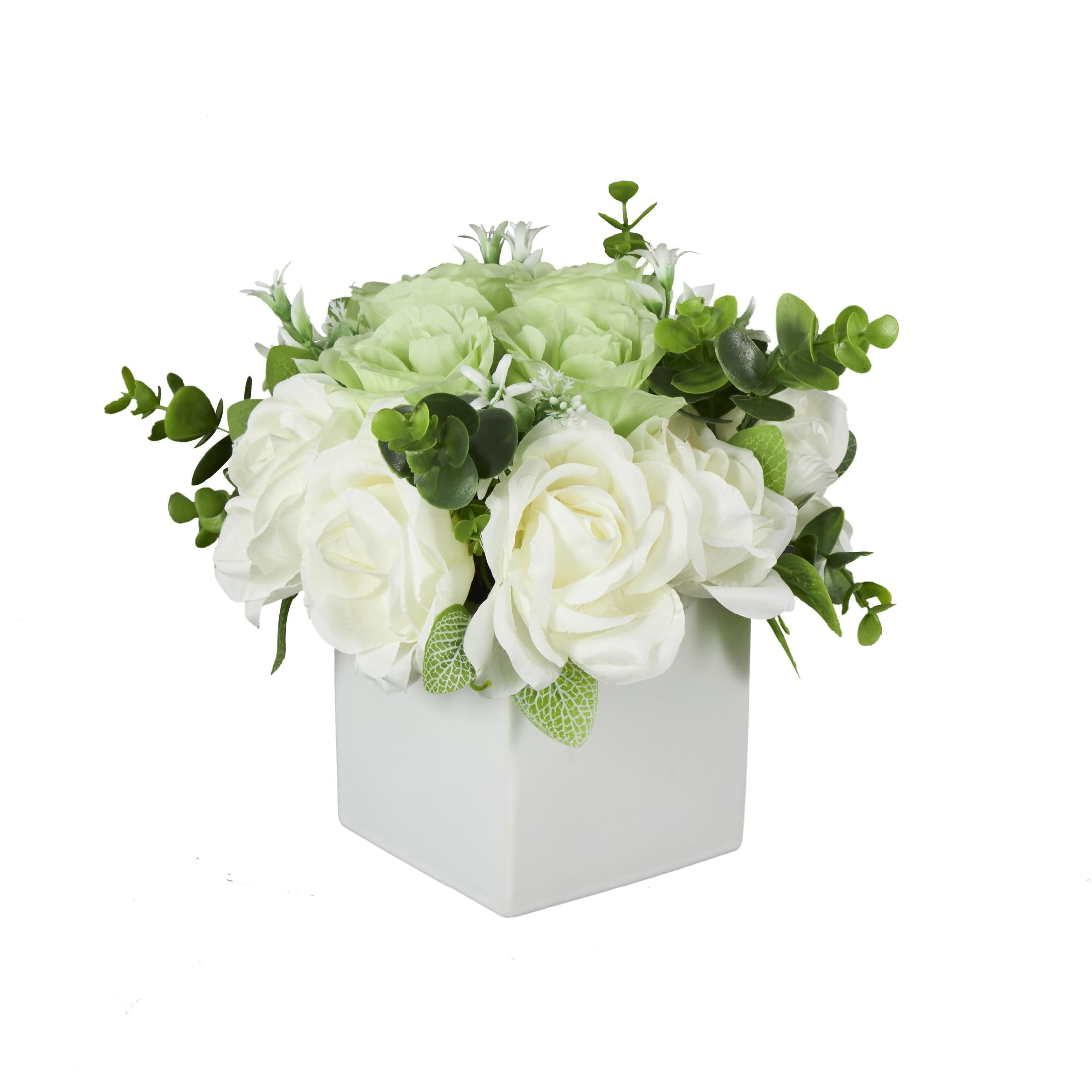 10" Plastic  Hydrangea and Pom Pom Artificial Flower in Green Leaves and Square Ceramic Vase, by DecMode