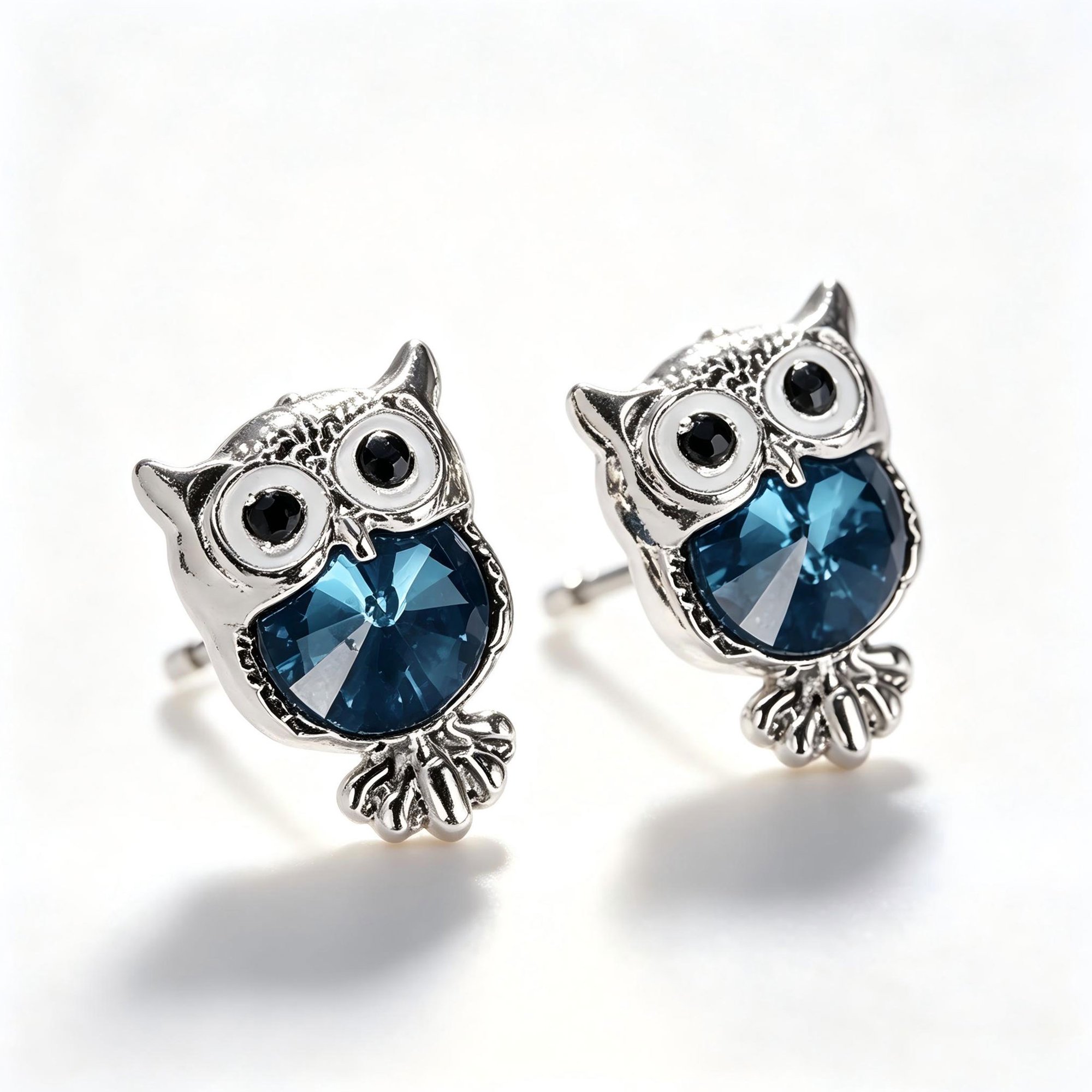 DESIGNICE Blue Rhinestone Owl Stud Earrings,Funny Fashion Earrings for Women