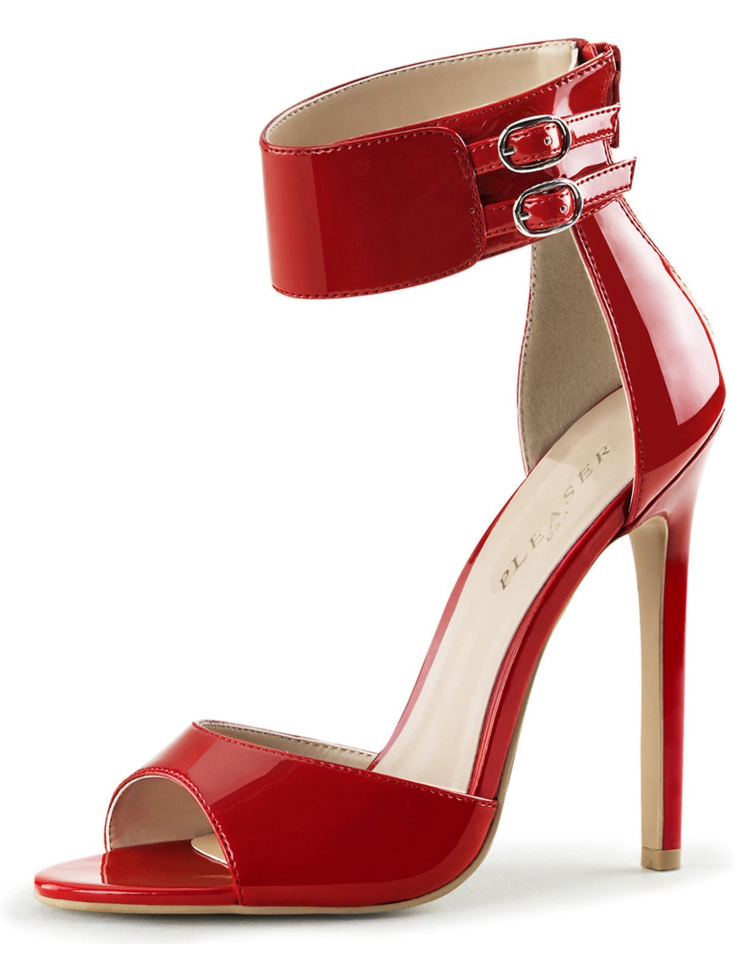 red open toe heels with ankle strap