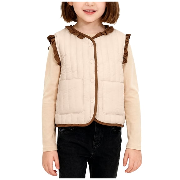 Lmnyox Puffer Vests for Girls Warm Cute Ruffle Trim Padded Jackets Casual Sleeveless Coats with Pockets