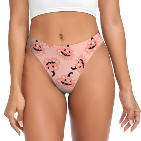 Qokaie Smiling Pink Pumpkins Printed Women s Cotton Thong Underwear  Sexy Breathable Panties G-string-X-Small