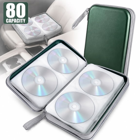 Deally CD/DVD Case Holder, 80 Capacity Hard Plastic Disc Cases Storage Binder for Car, Home, Office, Travel, Green