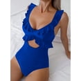 thumbnail image 3 of Swimsuit for Women Tummy Control Ruffle Bathing Suit V Neck Ruched Slimming Cutout Swimwear Royal Blue L, 3 of 4
