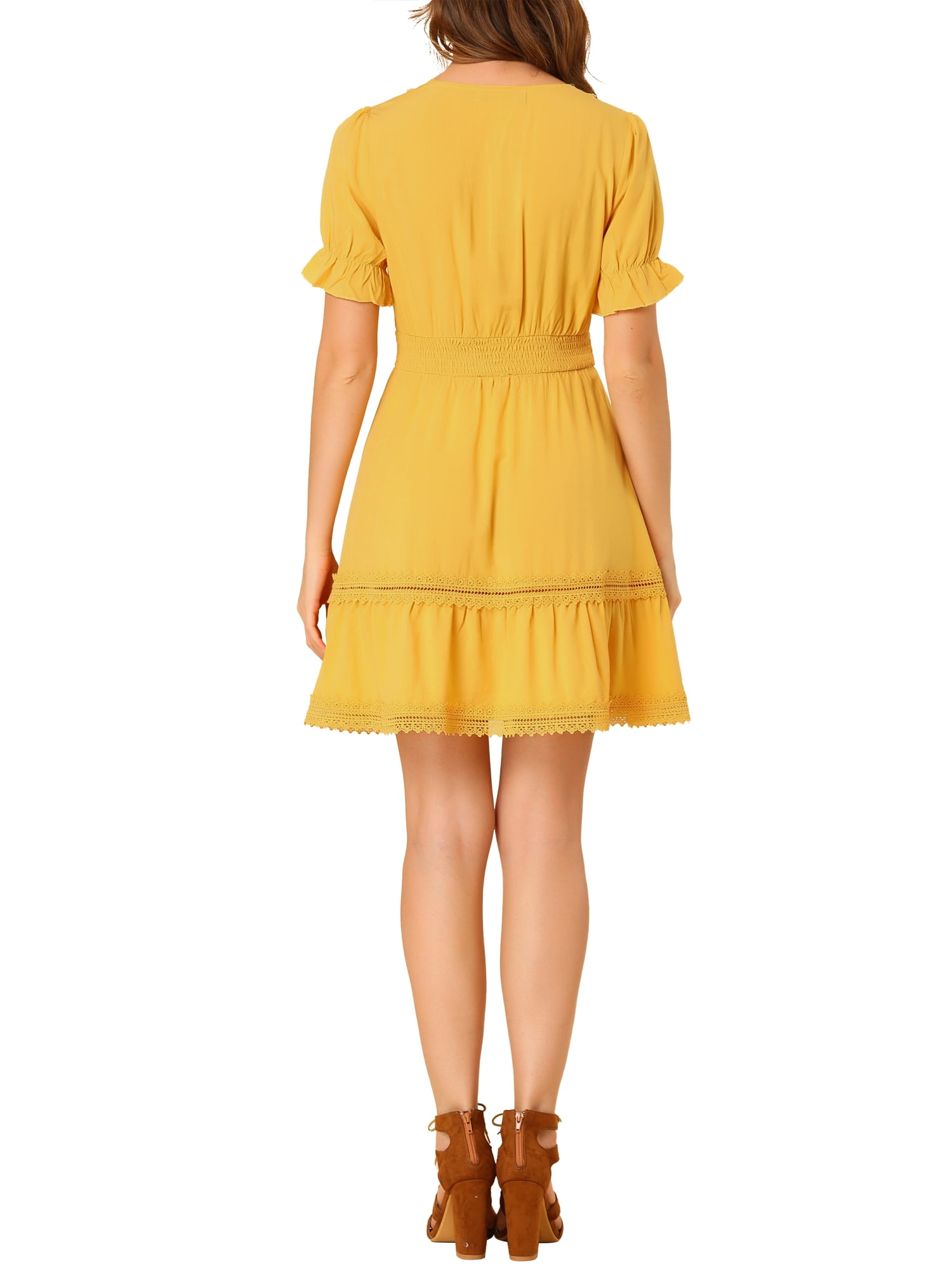 DARING DIVA V Neck Smocked Elastic Waist Short Sleeve Mini Dress L Yellow