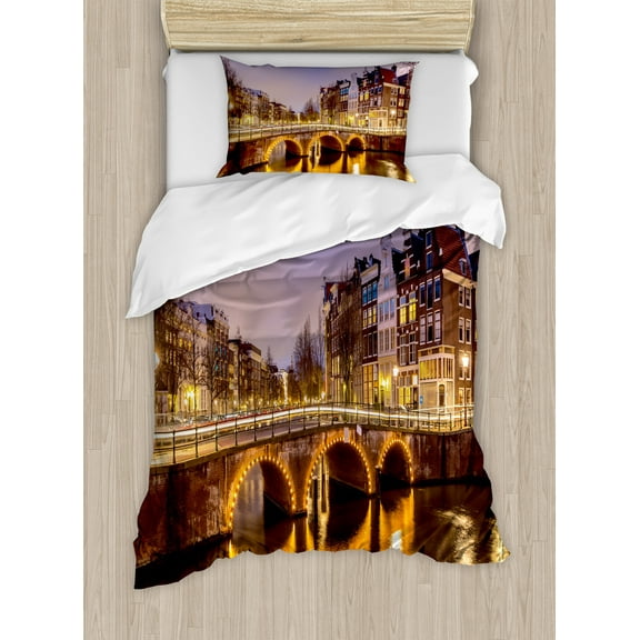 Landscape Duvet Cover Set, Old Historical Bridge in Netherlands Twilight European Architecture Town Scenery, Decorative 2 Piece Bedding Set with 1 Pillow Shams, Twin Size, Amber Lilac, by Ambesonne