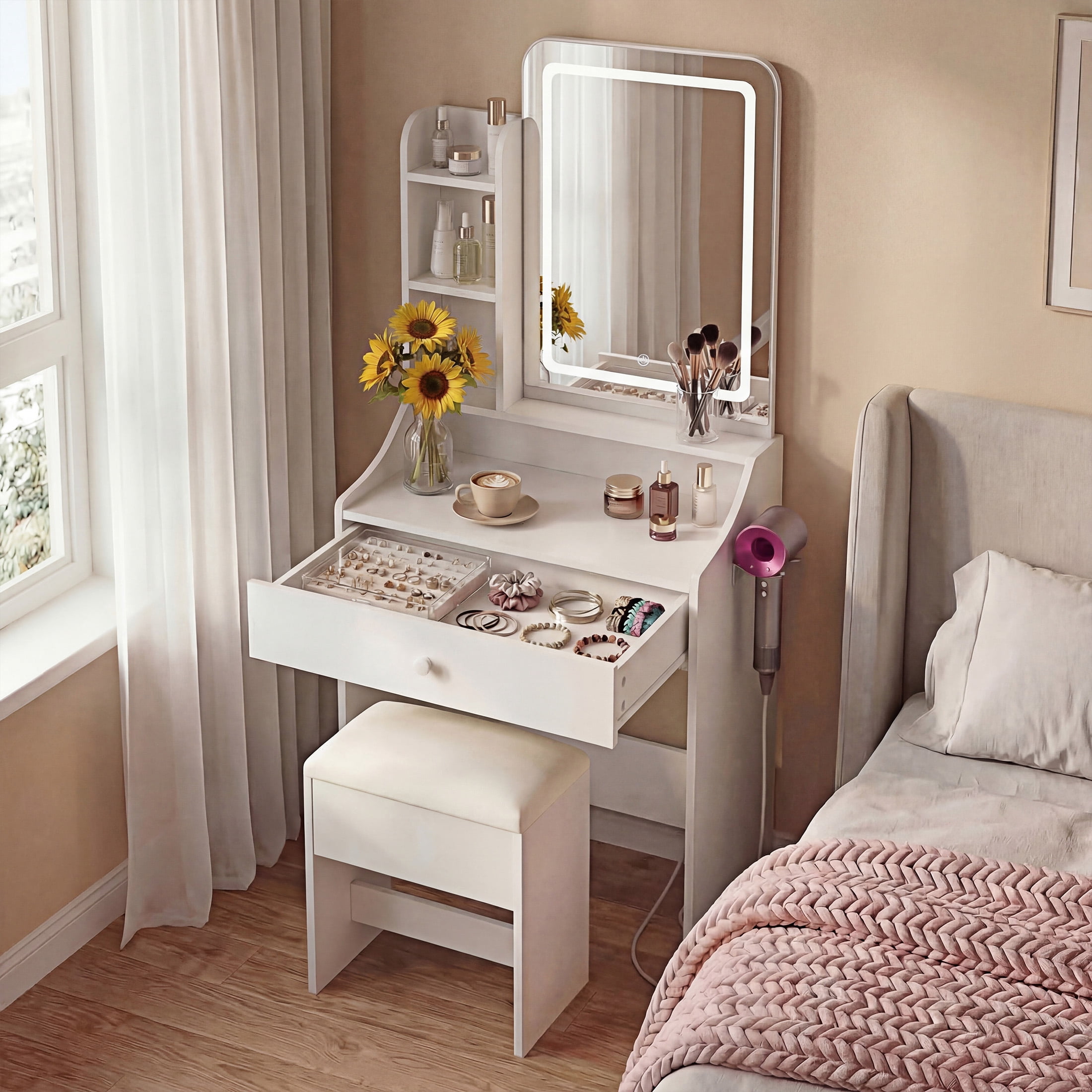 EDX 24" Makeup Vanity Table and Chair Set,  Modern Vanity Desk with Mirror,  Power Outlets&3 Lighting Modes,  White