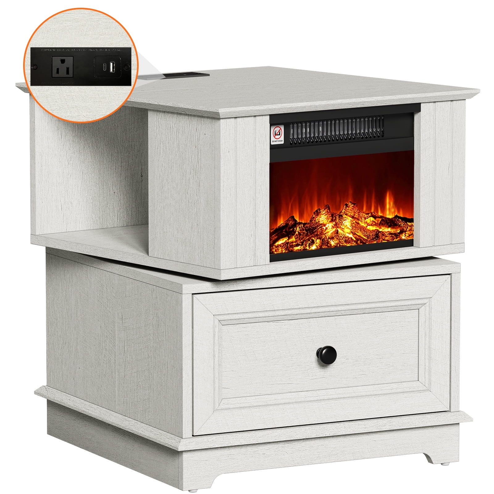 FAGAGA 19.7" Fireplace End Table with Charging Station, Rotating Square Side Table with Storage, Nightstand with Electric Fireplace Heater for Bedroom Living Room | White