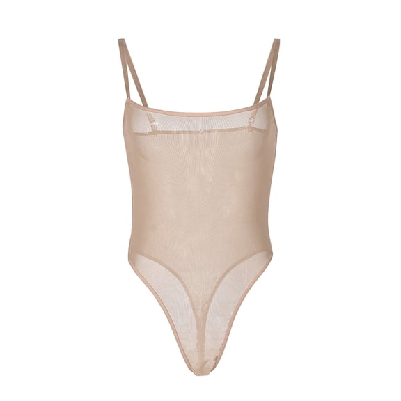 Sheer Mesh Sleeveless Chemise Bodysuit Nightdress Lingerie for Women Beige L