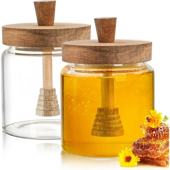 2 Pack 18oz Glass Honey Pot with Dipper and Lid, Glass Honey Jar Wide Mouth Honey Container Honey Dipper Set, Airtight Syrup Dispenser for Home Kitchen