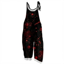 WTOBBY Women's Casual Jumpsuit in Loose Retro Fit with Halloween Print, Suspenders Made from Cotton and Linen, Comfortable for Daily Activities,BlackL