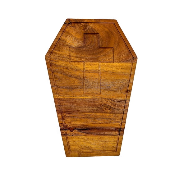 Acacia Wood Halloween Scary Coffin Cutting Board with Groove for Festive Decoration and Appetizer Serving Tray (13.75"L x 9.5"W)