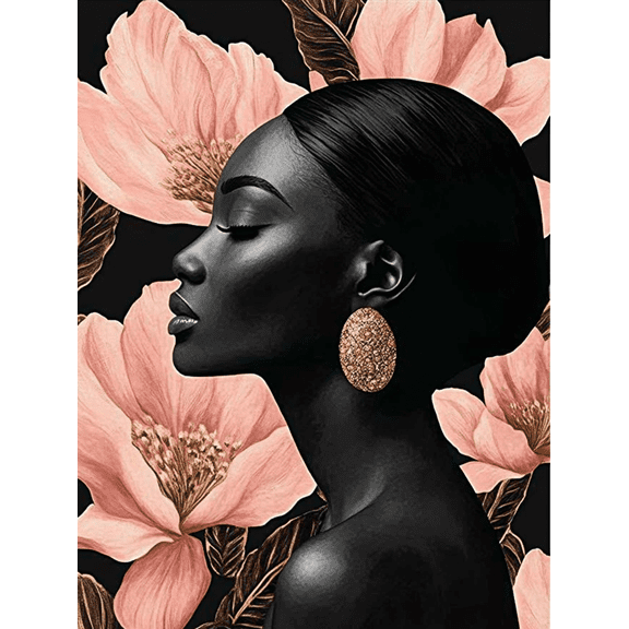 Black Woman Floral Canvas Art Print,Suitable for Living Room,Bedroom,Bathroom,Office,and Dinning Room Decoration.