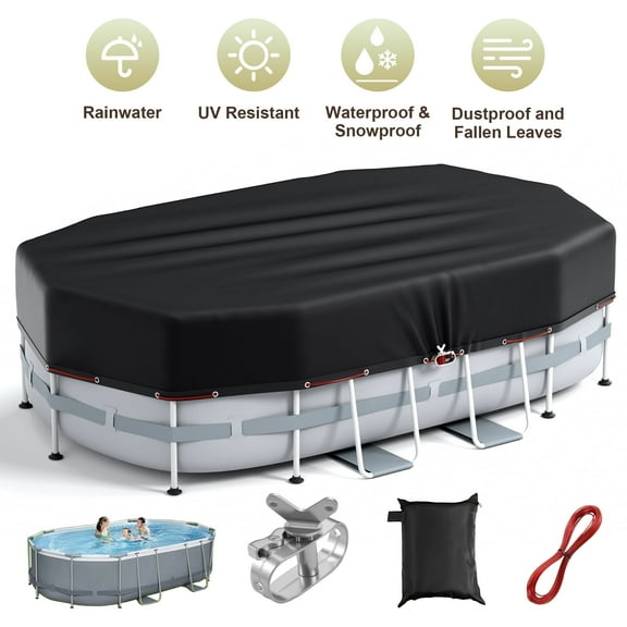 COSYUMI Oval Pool Cover 12 x 24FT, Heavy Duty Oxford Solar Pool Covers for Above Ground Pool with Winch and Cable, All Season Inflatable Pool Cover for UV Resistant, Waterproof, Snowproof Windproof