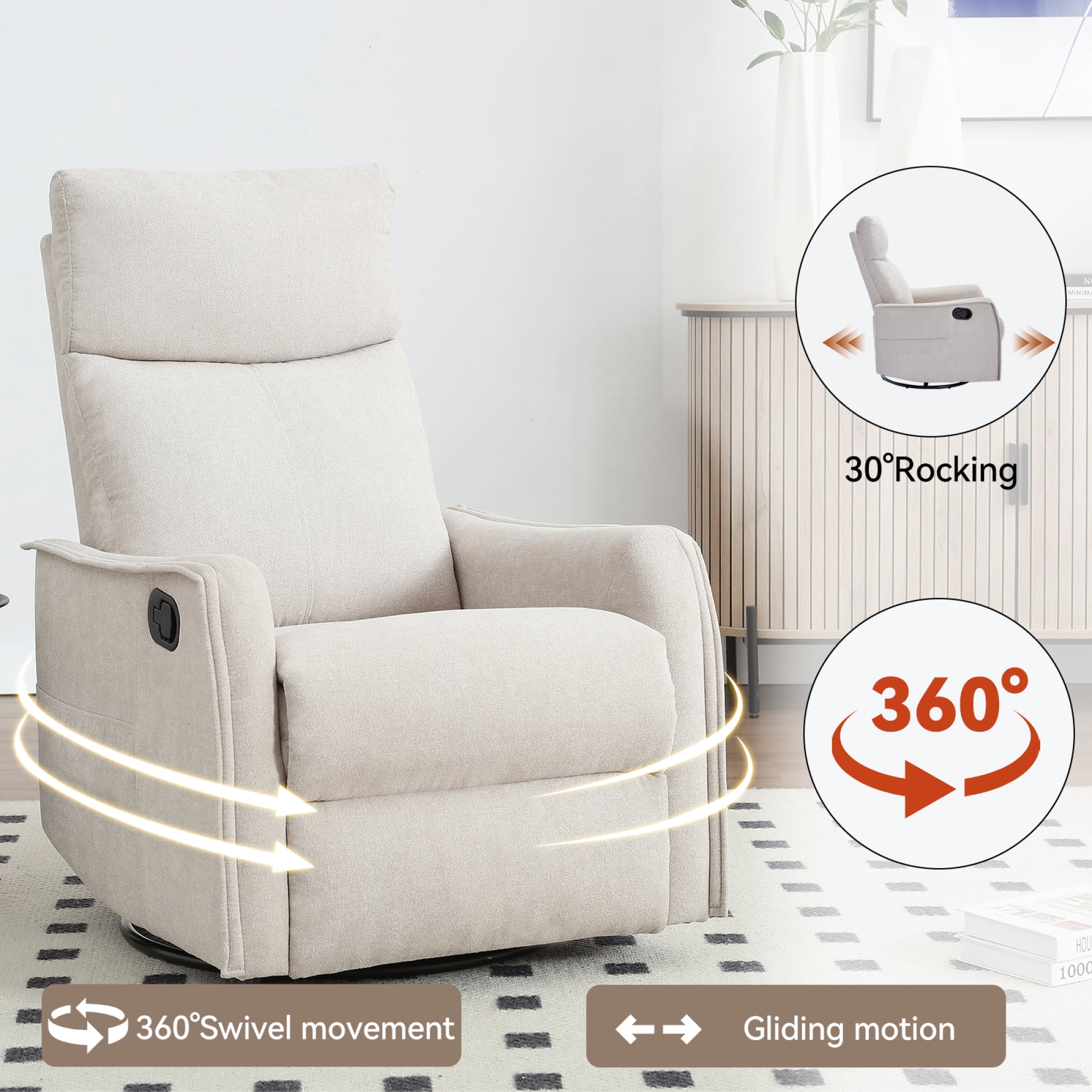 Leumius Recliner Chair with Vibration Massage and Heating,Swivel Rocker Chair for Adults, Modern Fabric Reclining Home Theater Seating for Living Room,Beige
