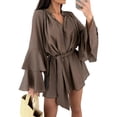 thumbnail image 2 of Women'S Layered Bell Sleeve Tie Neck Mini Dresses Ruffle Belted Tunic Dress Brown M, 2 of 9