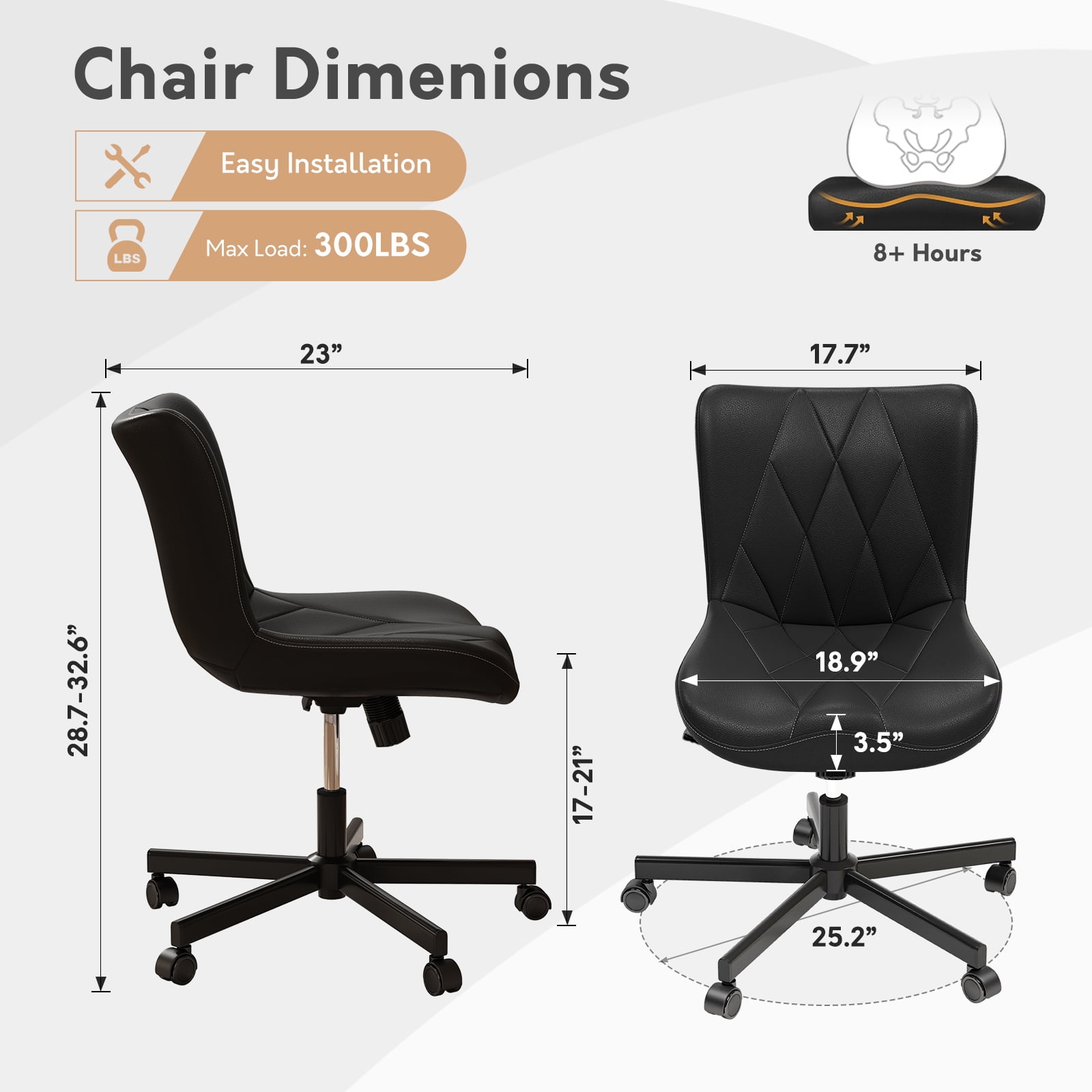 Ninecer Adjustable Armless Office Chair, Leather Desk Chair with Wheels, Office Chair for Home Office, Computer Rolling Chair for Adults, Comfy Task Chair, Black