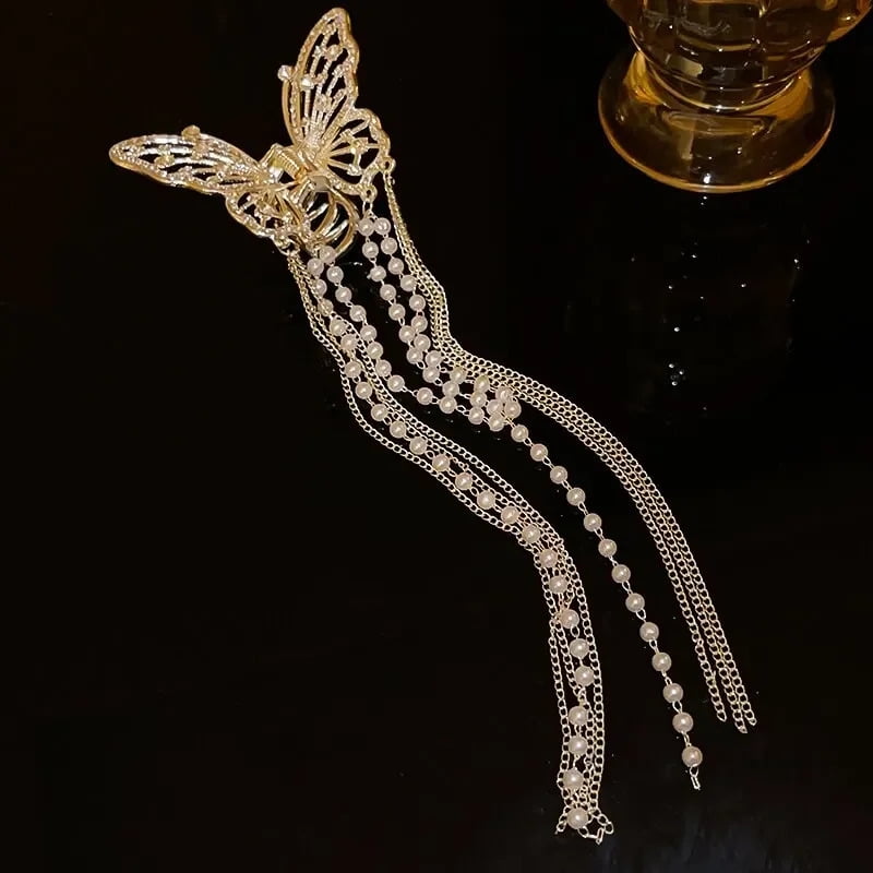Butterfly Hair Clip With Long Tassel Hair Accessories For Women Elegant lmitationPearl Rhinestone Shark Hairpins Jewelry