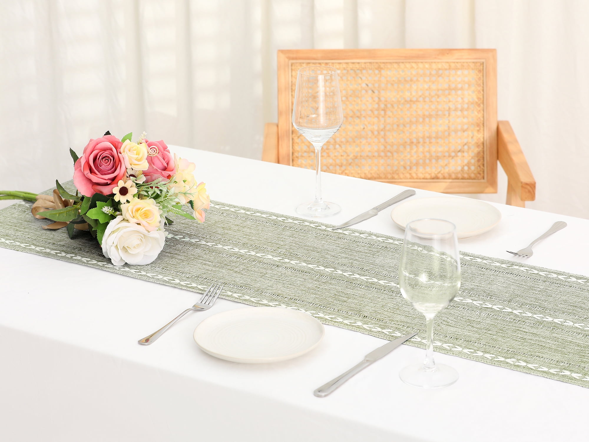 Unique Bargains Fringe Table Runner Hollow Out Table Flags for Daily Decoration Green 13"x63"