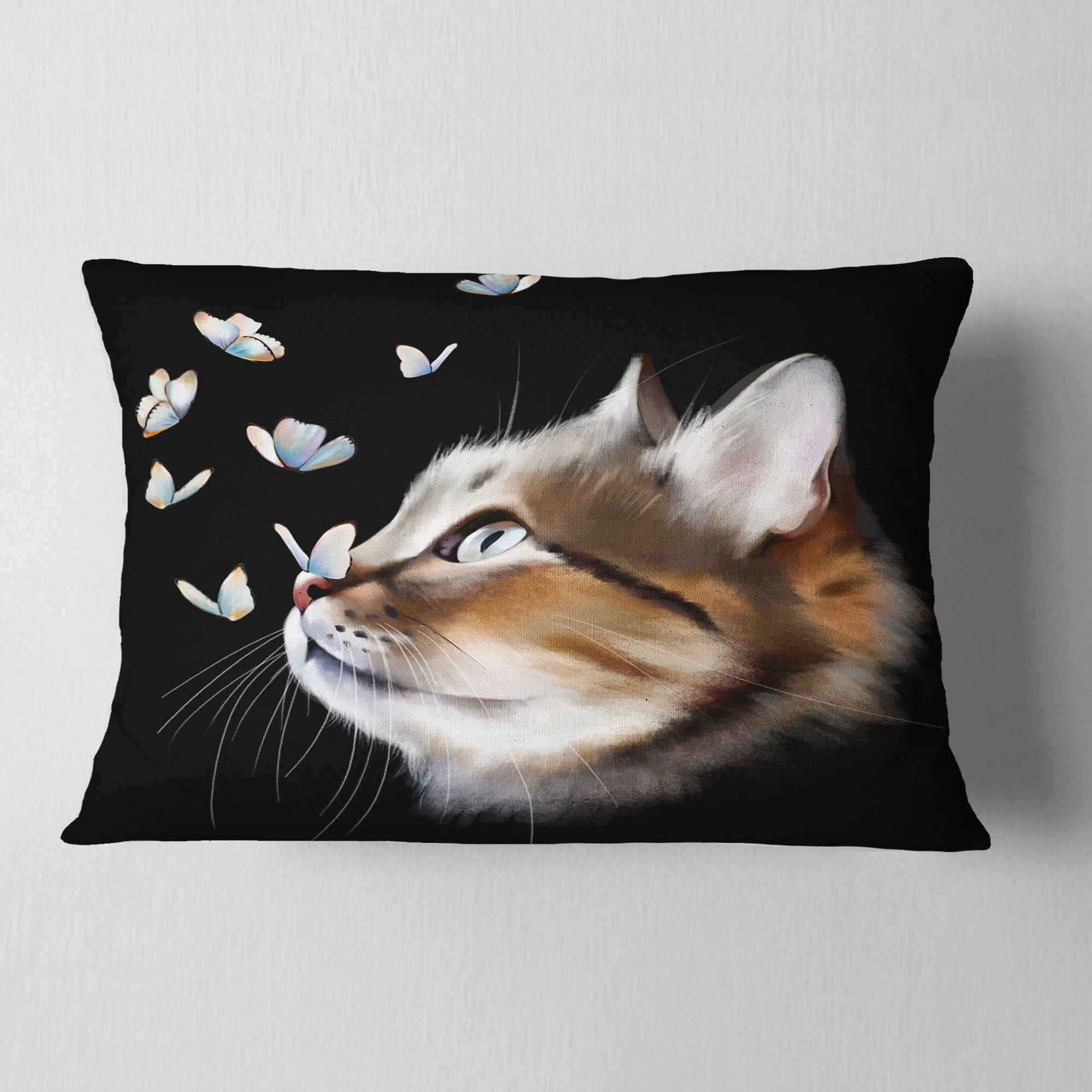 Designart Cat with Butterflies on Black - Animal Throw Pillow - 12x20