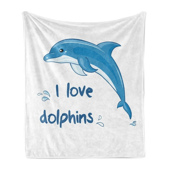 Dolphin Soft Flannel Fleece Throw Blanket, Cartoon Style Ocean Animal with I Love Dolphins Words and Water Splashes Image, Cozy Plush for Indoor and Outdoor Use, 50" x 60", Blue White, by Ambesonne