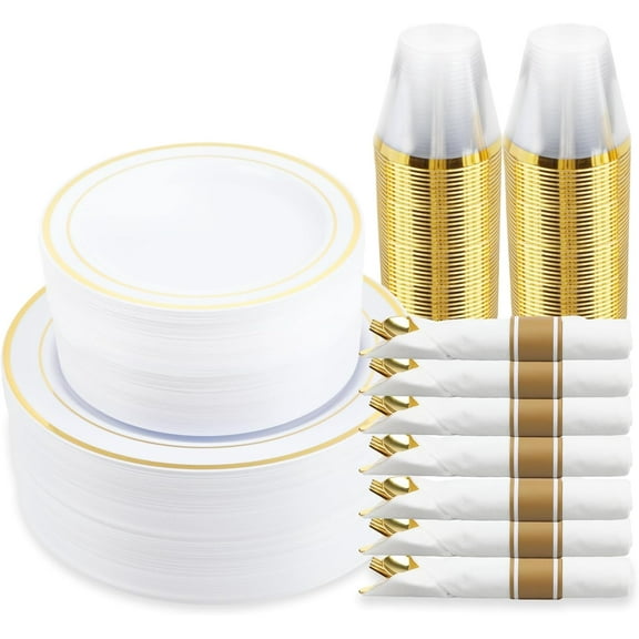 350 Piece Gold Dinnerware Set,100 Plastic Plates, 50 Cups,50 Pre Rolled Napkins with Plastic Silverware, Disposable Gold Dinnerware Set for 50 Guest Gold
