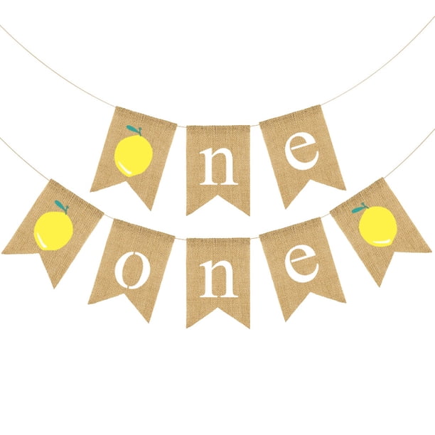 KAKOWELY Juego de 2 banderines de lino con diseño de limón para el primer cumpleaños de bebé, banderines de cola de golondrina, suministros para decoración de fiestas infantiles, guirnalda colgante