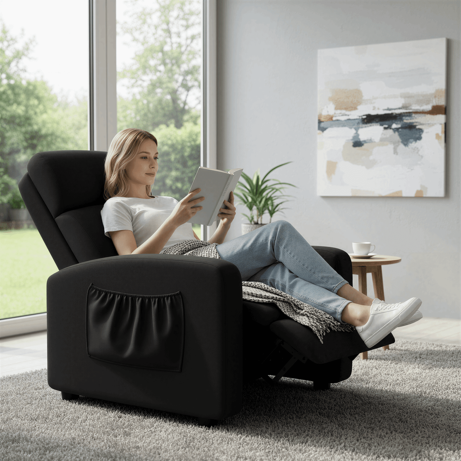 TLSUNNY Fabric Recliner Chair with Side Pocket, Thick Cushion Adjustable Lounger, Modern Home Theater Seating for Bedroom, Living Room