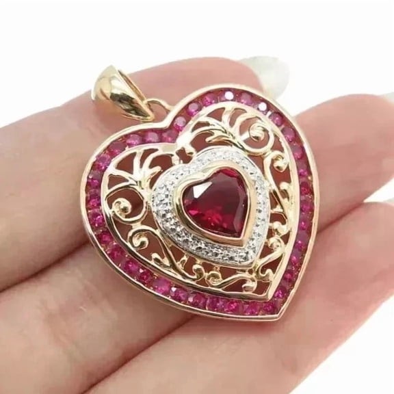 Art Deco Women's Pendant 2Ct Heart Lab Created Red Ruby 14K Yellow Gold Plated