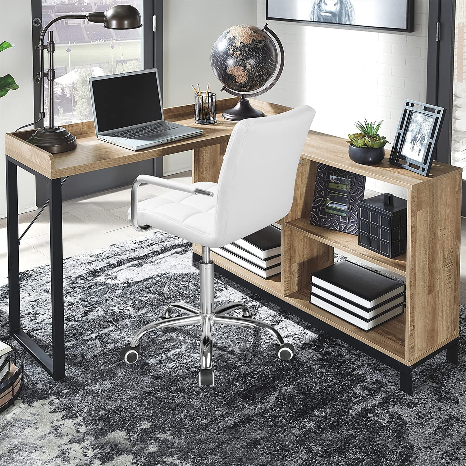 Lacoo Mid-Back Adjustable Office Desk Chair Faux Leather Ribbed Task Chair with Armrest, White