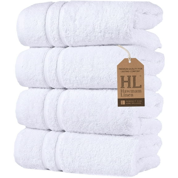 Hawmam Linen White Hand Towels For Bathroom - Luxury 16' x 29' 600 GSM 100% Turkish Cotton - Soft, Fluffy, Low Lint, QuickDry, Absorbent - Set of 4, Perfect for Spa, Gym, Airbnb, Hotel - Set of 4