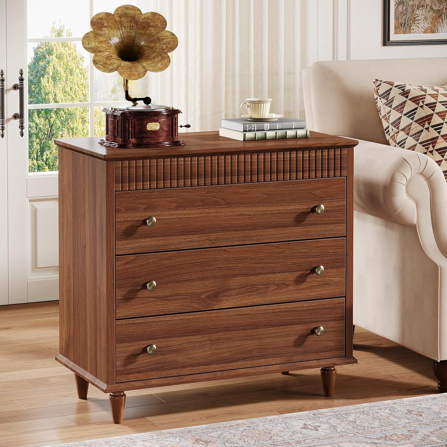 Tribesigns Nightstand with 3 Drawers, 31.5" Oversized Farmhouse Bedside Table for Bedroom and Home, Rustic Brown