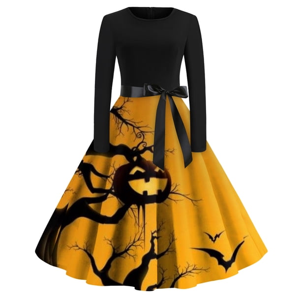 Women's Vintage Classic Dress Neck Waist Bow Tie Long Sleeves Halloween Print V Neck Swing Dress