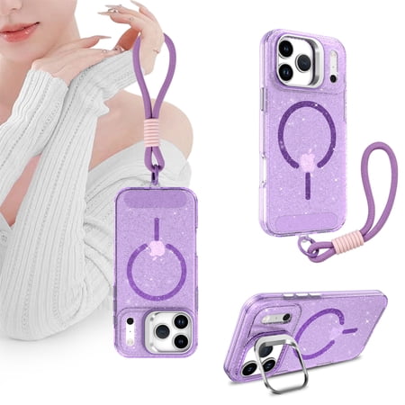 Allytechgroup Case for iPhone 17 Pro Max, Compatible with Mag-safe Bling Sparkly Phone Shell with Camera Lens Kickstand & Wrist Strap Shockproof Magentic Back Cover for iPhone 17 Pro Max, Purple