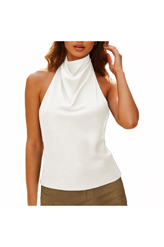 Women Halter Top Cowl Neck Backless Satin Silk Tank Tops Elegant Going Out Clubwear White M