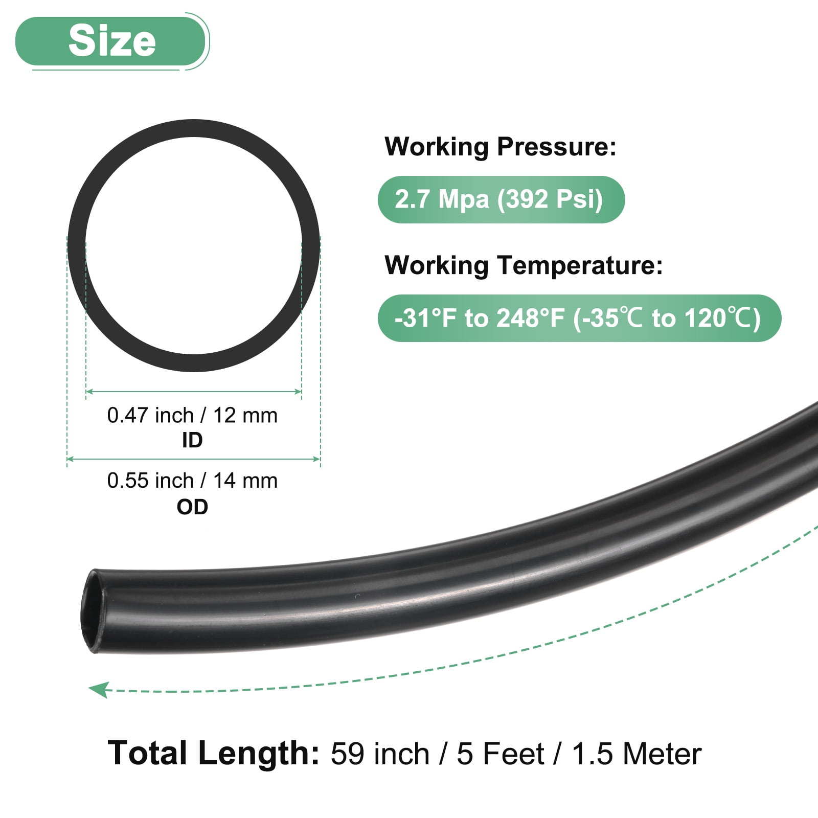 Uxcell Nylon Line Hose Tube, 0.47"(12mm) ID x 0.55"(14mm) OD PA6 Pneumatic Air Line Tubing for Fluid Transfer [1.5M/5FT, Black]
