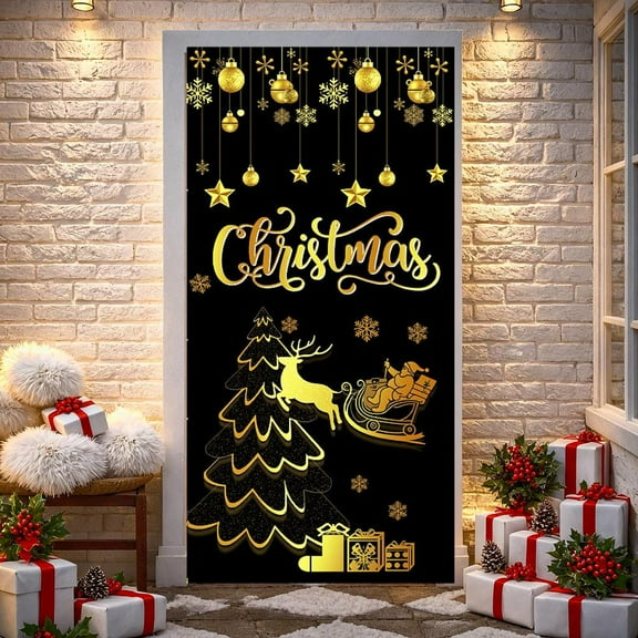 Gold Theme Christmas Banner Black Background Xmas Banner Snowflake Design Star Pattern Holiday Banner for Christmas Party Holiday Celebration Home Decoration