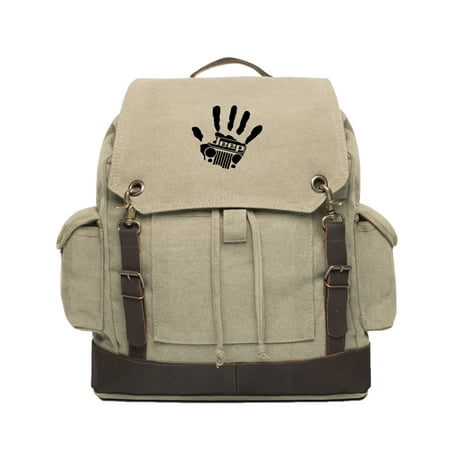 Jeep Wave Hand High Five Vintage Canvas Rucksack Backpack With Leather (Best High End Backpacks)