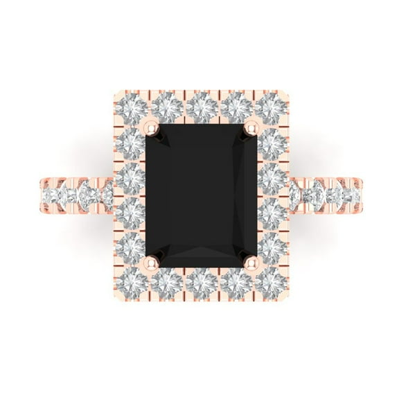 3.84ct emerald cut black natural onyx 14k pink rose gold engraving statement bridal wedding halo Designer Ring size 7.5