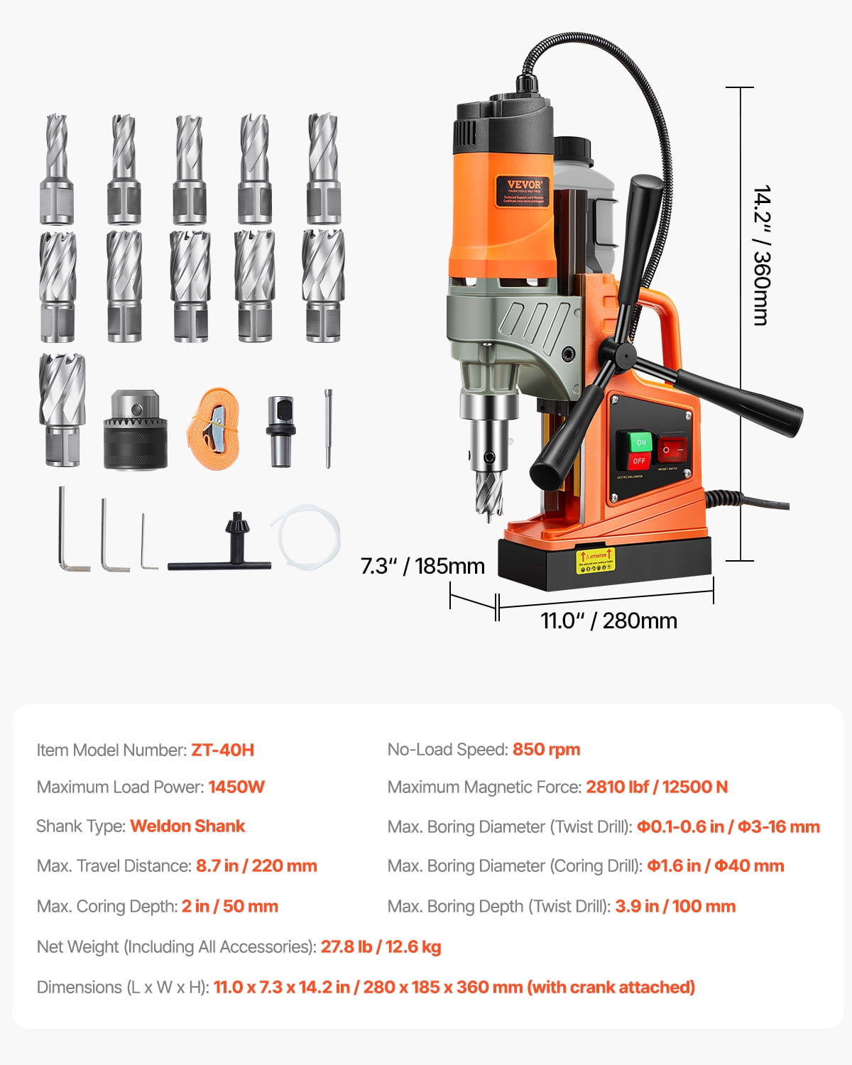 VEVOR Magnetic Drill,1450W Motor 1.6 in Boring Diameter, 2810 lbf Portable Electric Mag Drill Press, with 11 Coring Bits, 850 RPM Speed, Drilling Machine for Metal Surface, Home Improvement Industry