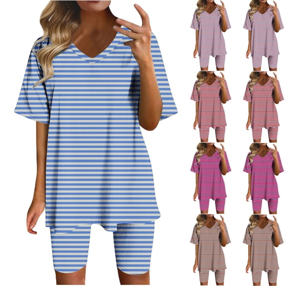 HBGVBA Women Plus Size 2 Piece Outfits,Casual Matching Set,Fashion Print V-Neck Short Sleeve Top Shorts Casual Loungewear Outfit Set
