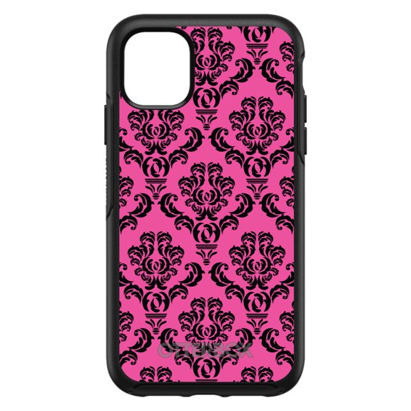 DistinctInk Case for iPhone 15 (6.1" Screen) - OtterBox Symmetry Custom Black Case - Pink Black Damask Pattern - Floral Damask Pattern