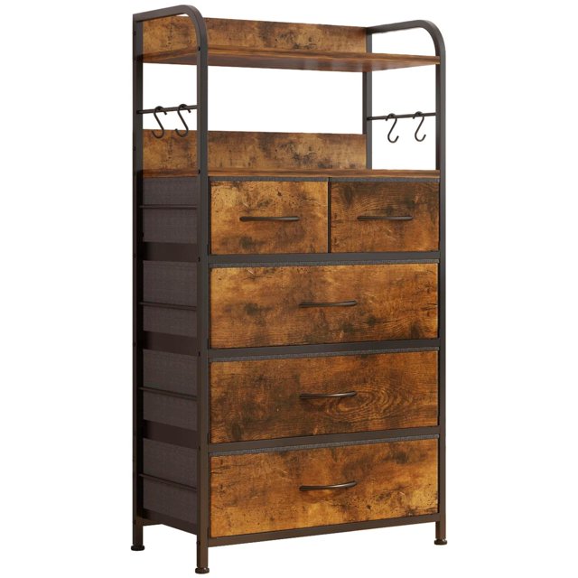 Bingirl Commode pour Chambre avec 5 Tiroirs, Commodes et Chiffonniers pour Couloir, Entrée, Unité d'Organisation de Rangement avec Tissu, Cadre en Métal Robuste, Dessus en Bois