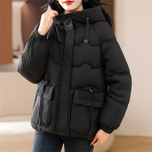UPPADA Quilted Puffer Jacket for Womens Oversized Cropped Puffy Quilted Winter Jackets Coat with Pockets Ladies Fall Jackets,Cold Weather Jacket Woman Black,M
