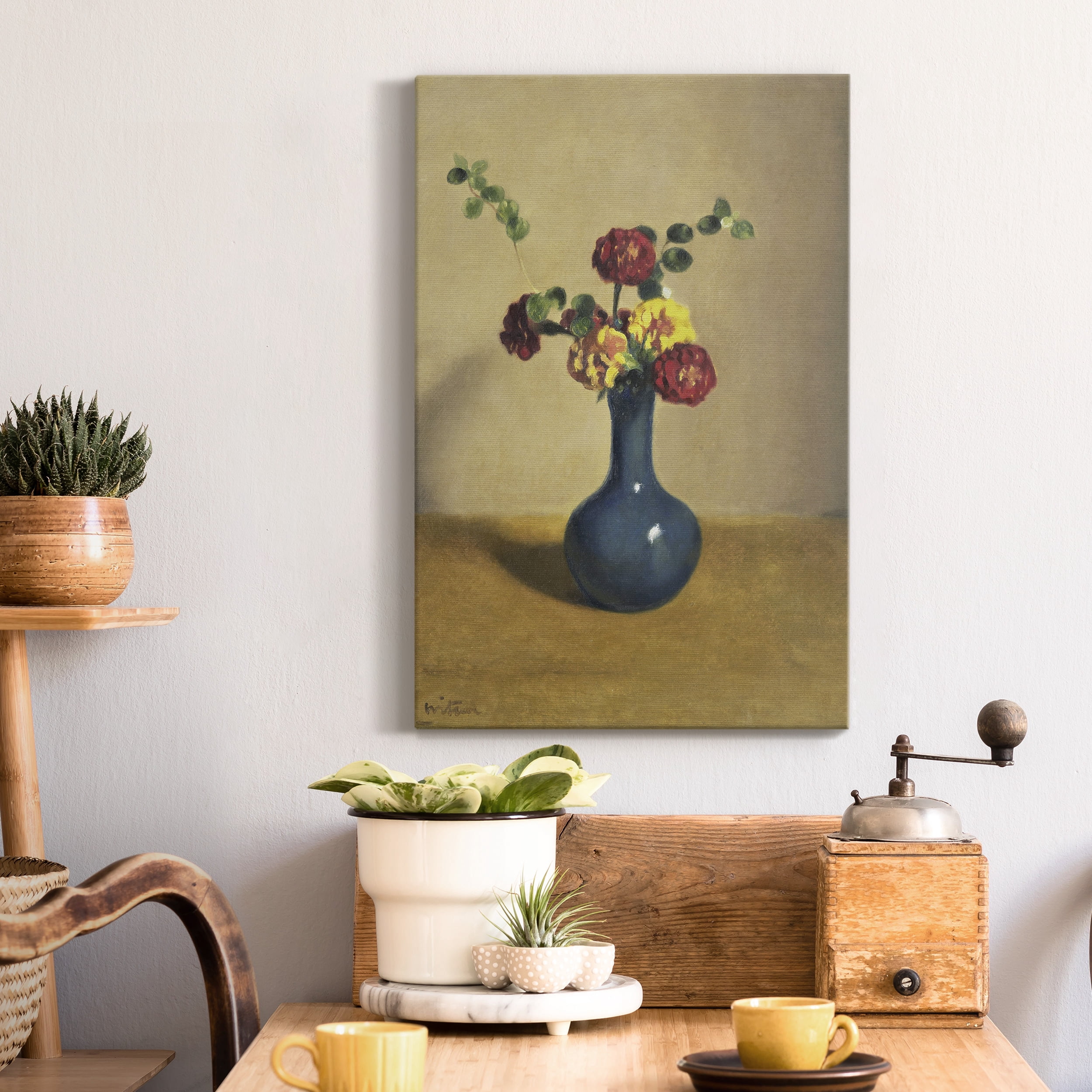 Afrikaantjes in een blauw vaasje Premium Gallery Wrapped Canvas - Ready to Hang - 24 x 36