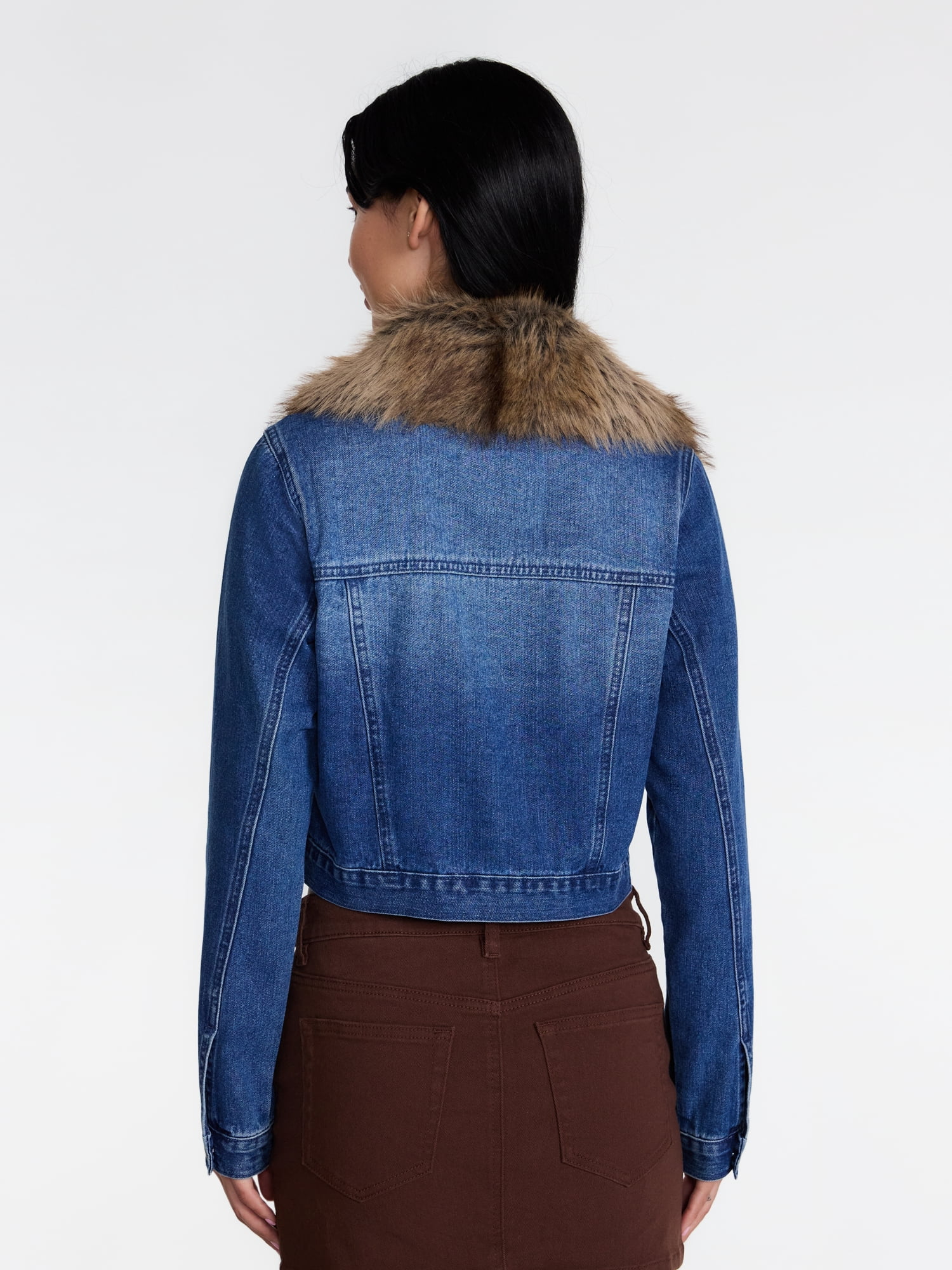 Madden NYC Women's Cropped Denim Jacket with Faux Fur Collar, Sizes XXS-XXL