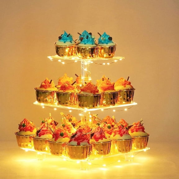 Hengbo 3-Tier Square Acrylic Cupcake Stand, With Yellow LED Lights, Dessert Tray for Birthday/Wedding/Parties